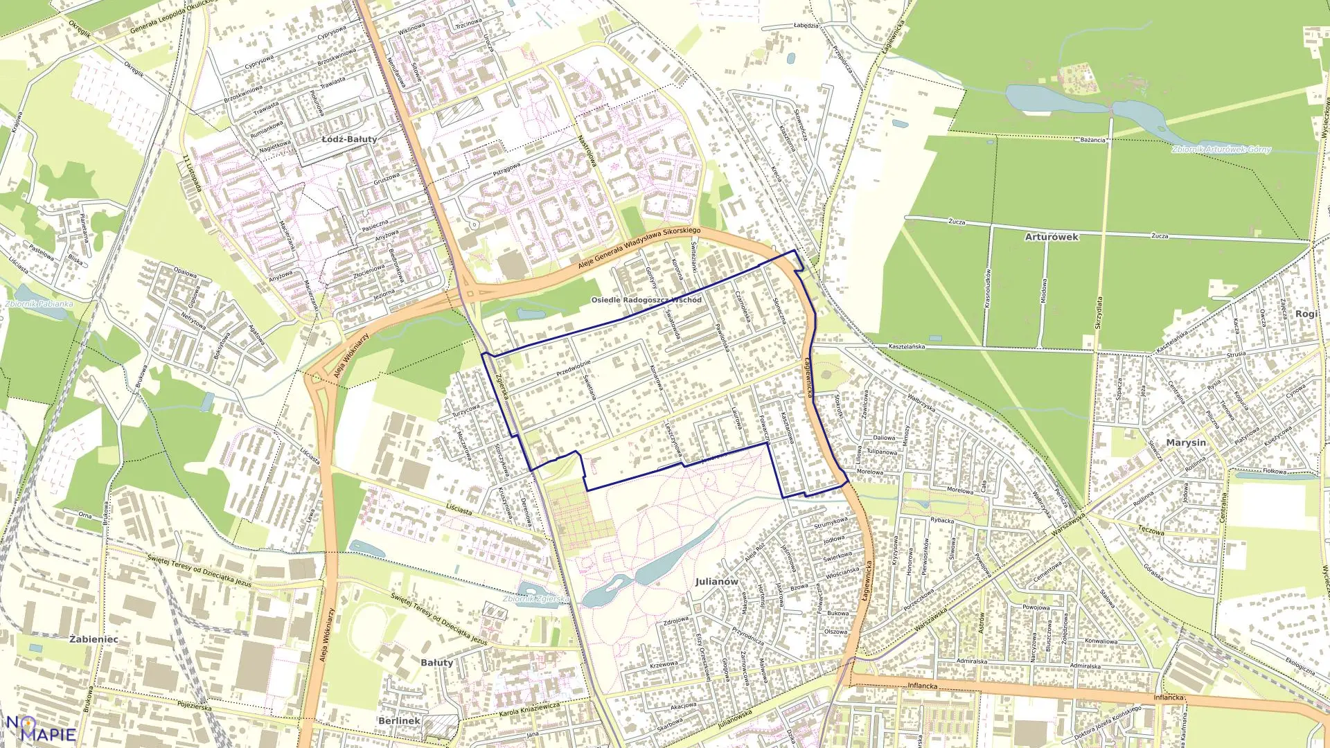 Mapa obrębu B-25 w mieście Łódź